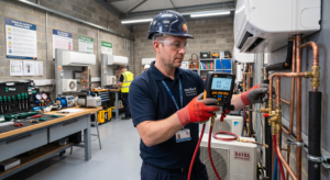 F-Gas Category 1 vs Category 2 HVAC engineer using manifold gauges to pressure test a refrigeration unit during an F-Gas Category 1 vs Category 2practical training course